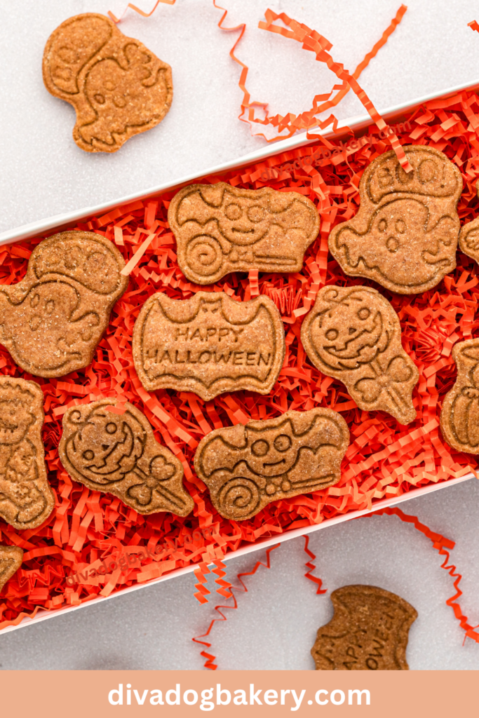 Halloween dog treats made with peanut butter using a variety of Halloween cookie cutters.