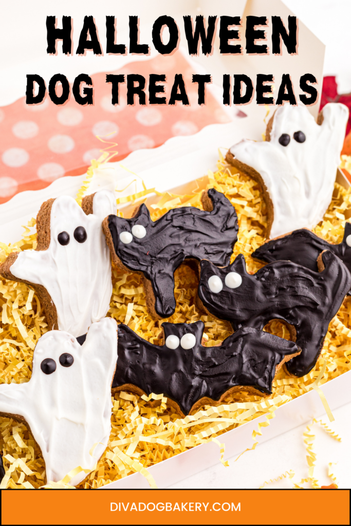 Halloween dog treats with icing in a variety pack, including a spooky ghost, bat and black cat. Dogs will love these yummy Halloween dog treats!